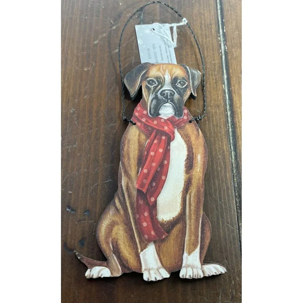 Boxer Red Scarf Dog Holiday Christmas Wood Ornament Wire Hanger NEW